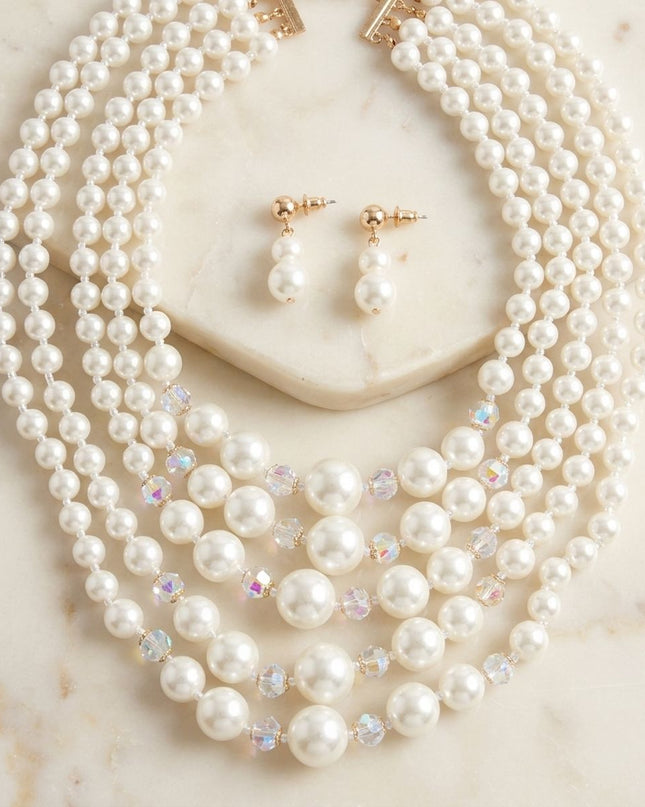Cream Pearl & Faceted Bead 5 Strand Necklace