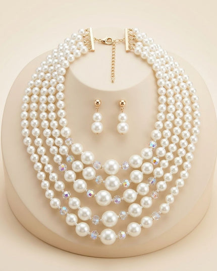 Cream Pearl & Faceted Bead 5 Strand Necklace