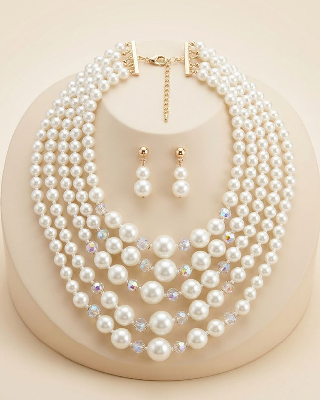 Cream Pearl & Faceted Bead 5 Strand Necklace