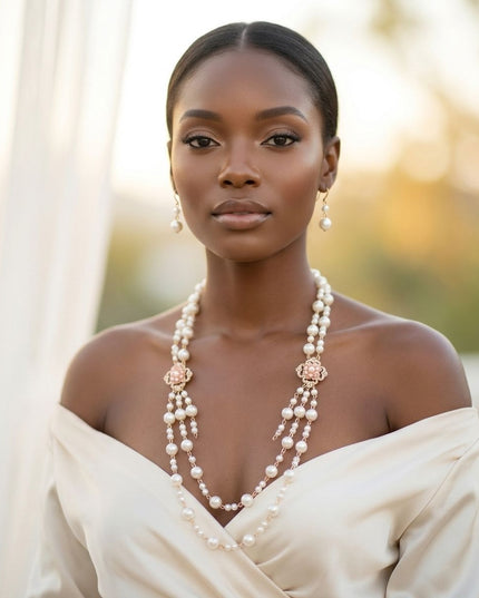 Cream Pearl and Pink Pearl Flower Layered Necklace