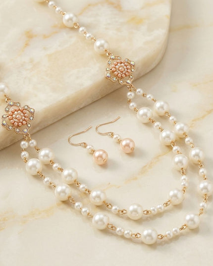Cream Pearl and Pink Pearl Flower Layered Necklace