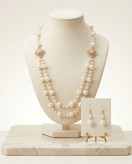 Cream Pearl and Pink Pearl Flower Layered Necklace
