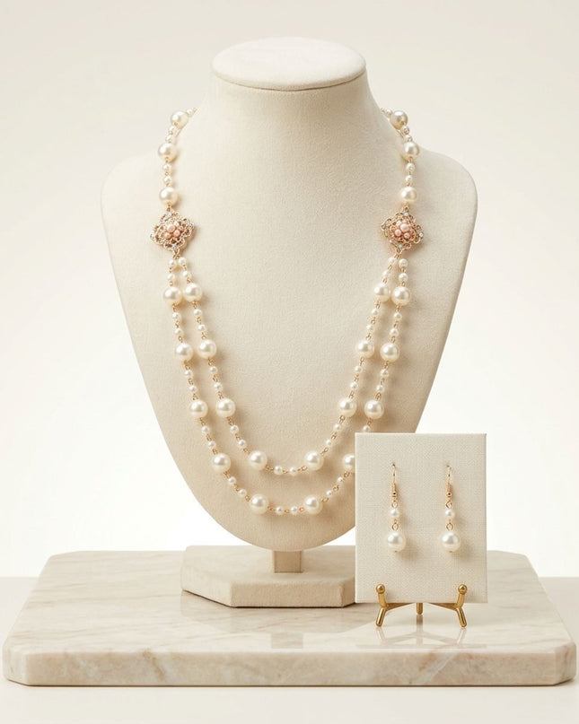 Cream Pearl and Pink Pearl Flower Layered Necklace
