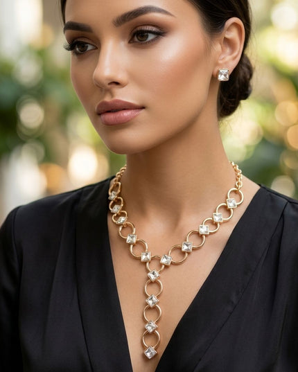 Y Gold Round Link Clear Glass Pyramid Necklace