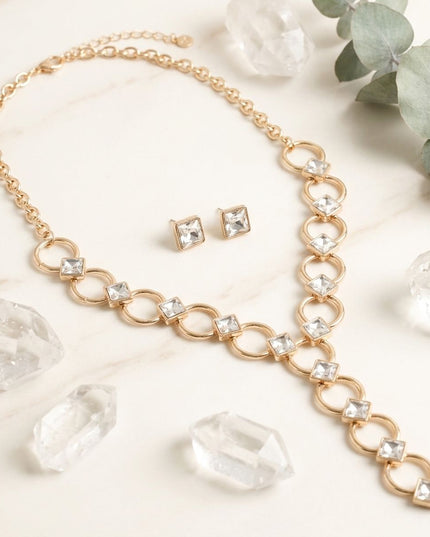 Y Gold Round Link Clear Glass Pyramid Necklace