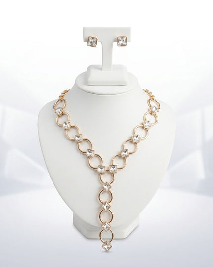 Y Gold Round Link Clear Glass Pyramid Necklace