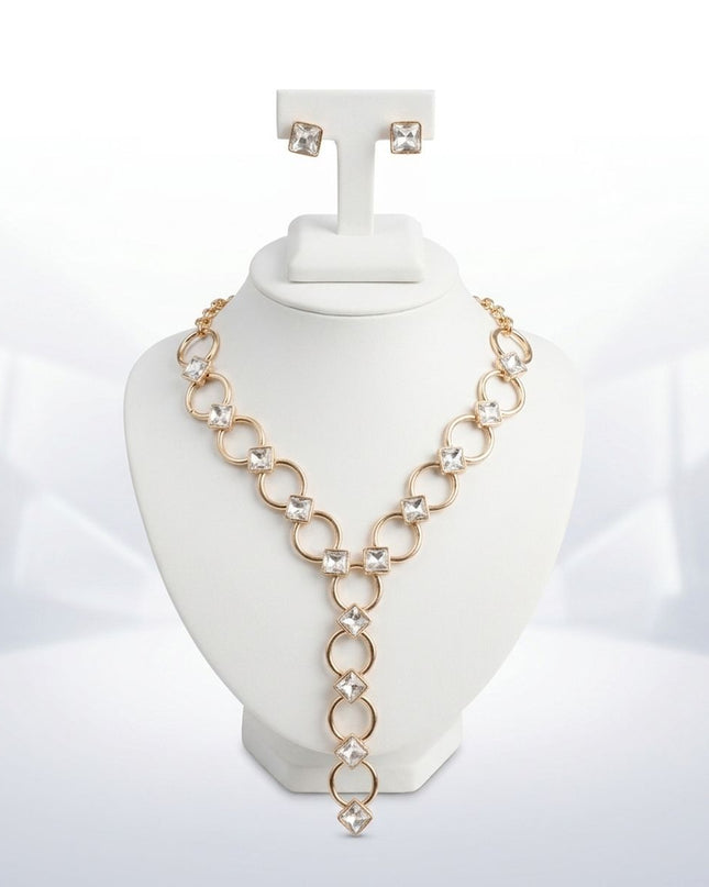 Y Gold Round Link Clear Glass Pyramid Necklace