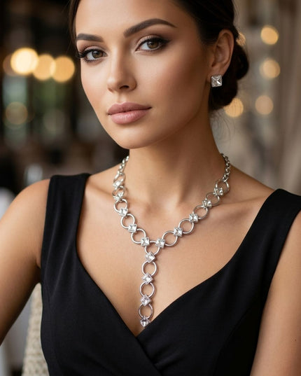 Y Silver Round Link Clear Glass Pyramid Necklace