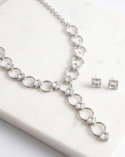 Y Silver Round Link Clear Glass Pyramid Necklace
