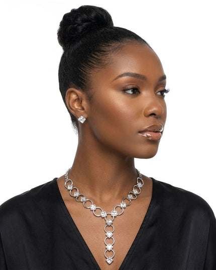 Y Silver Round Link Clear Glass Pyramid Necklace