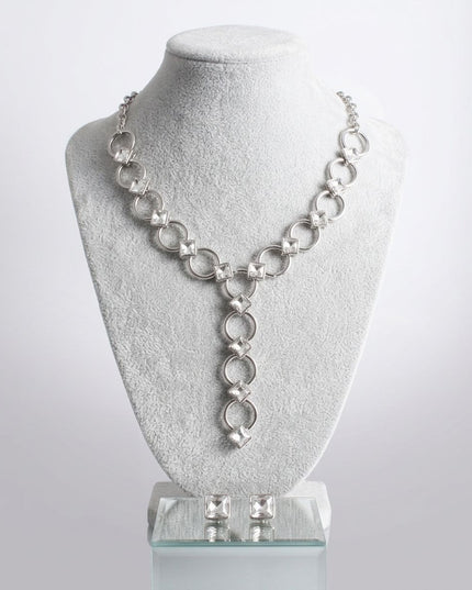 Y Silver Round Link Clear Glass Pyramid Necklace