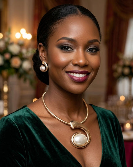 Gold Sculpted Pearl Swirl Pendant Collar Necklace