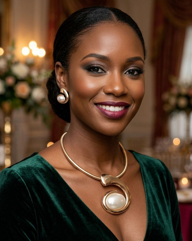 Gold Sculpted Pearl Swirl Pendant Collar Necklace
