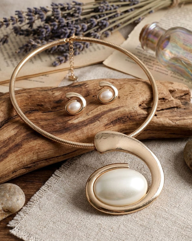 Gold Sculpted Pearl Swirl Pendant Collar Necklace