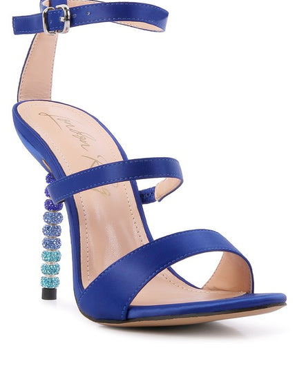 LAWSUIT RHINESTONE BALL HEEL SATIN SANDALS