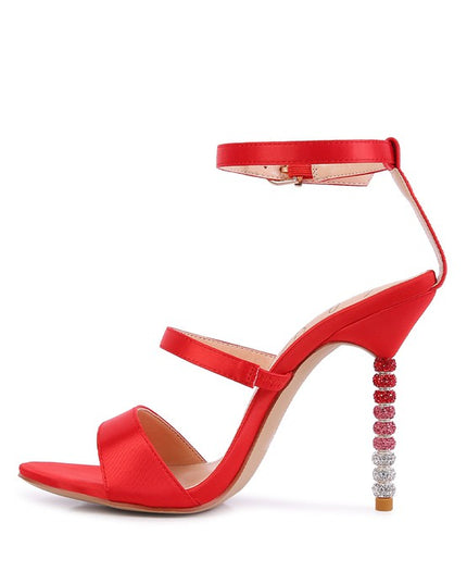 LAWSUIT RHINESTONE BALL HEEL SATIN SANDALS