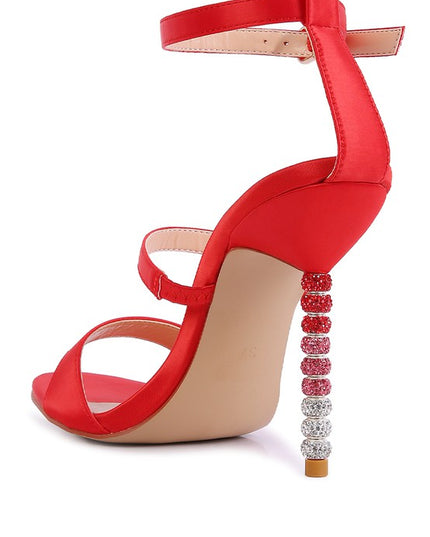 LAWSUIT RHINESTONE BALL HEEL SATIN SANDALS
