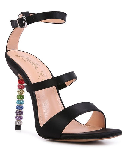 LAWSUIT RHINESTONE BALL HEEL SATIN SANDALS