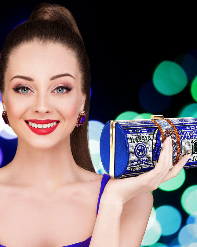 Blue Bling Rolled Benjamins Clutch