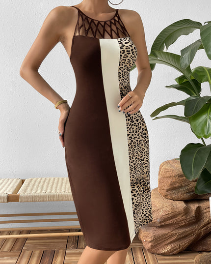 Leopard Color Block Cutout Sleeveless Knee-Length Dress