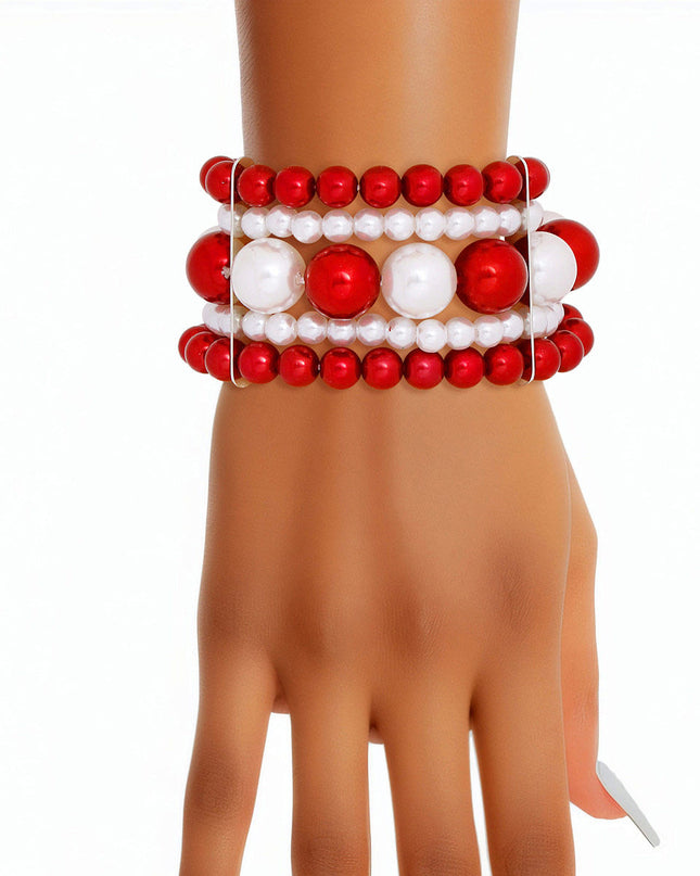 Bracelet Red White Stacked Pearls for Women