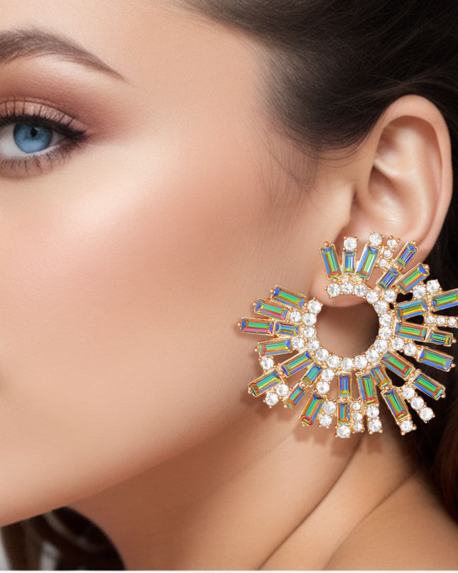 Pink Green Glass Crystal Round Studs