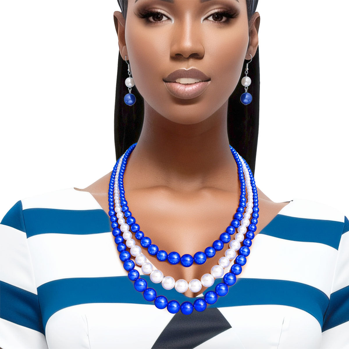 Pearl Necklace Blue White 3 Strand for Women