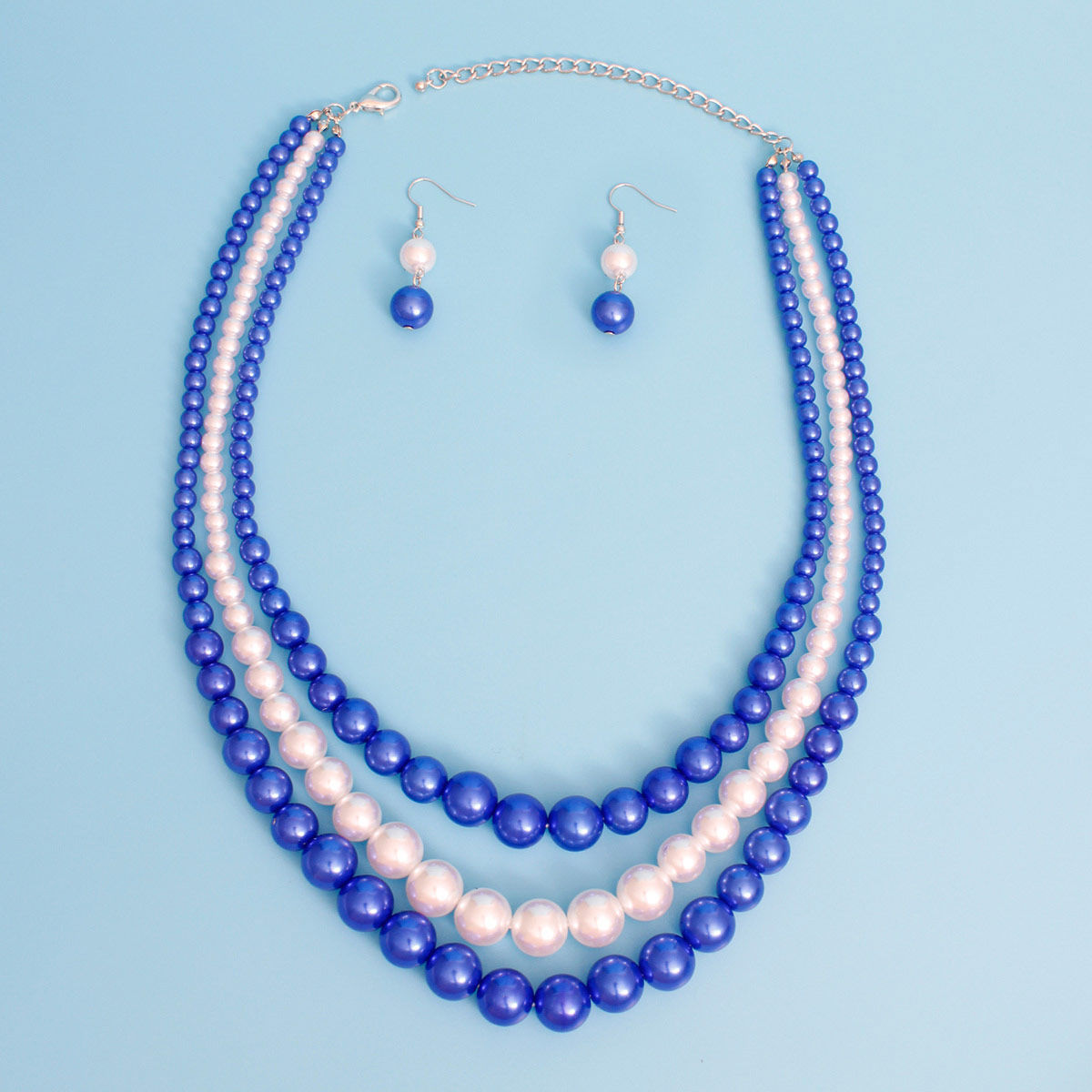 Pearl Necklace Blue White 3 Strand for Women