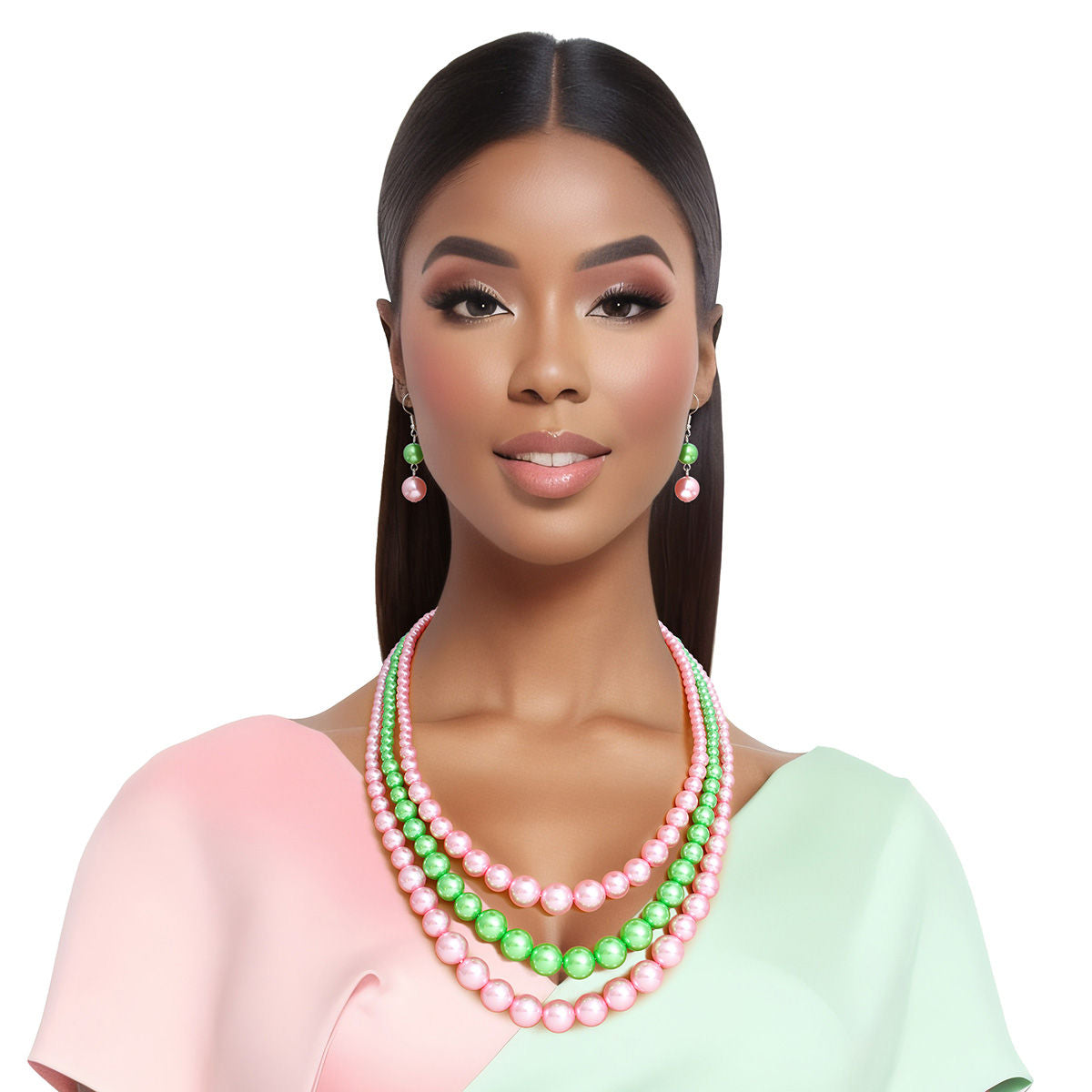 Pearl Necklace Pink Green 3 Strand for Women