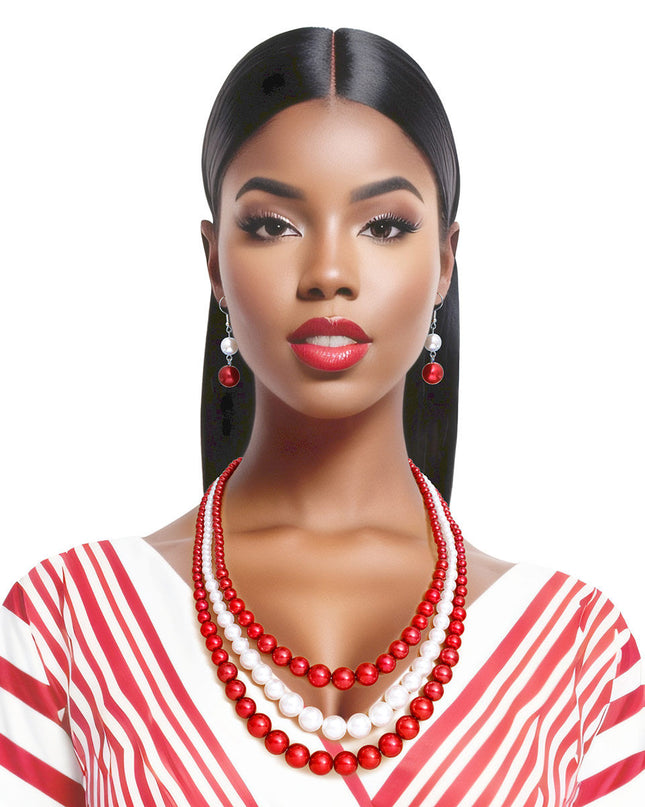 Pearl Necklace Red White 3 Strand for Women