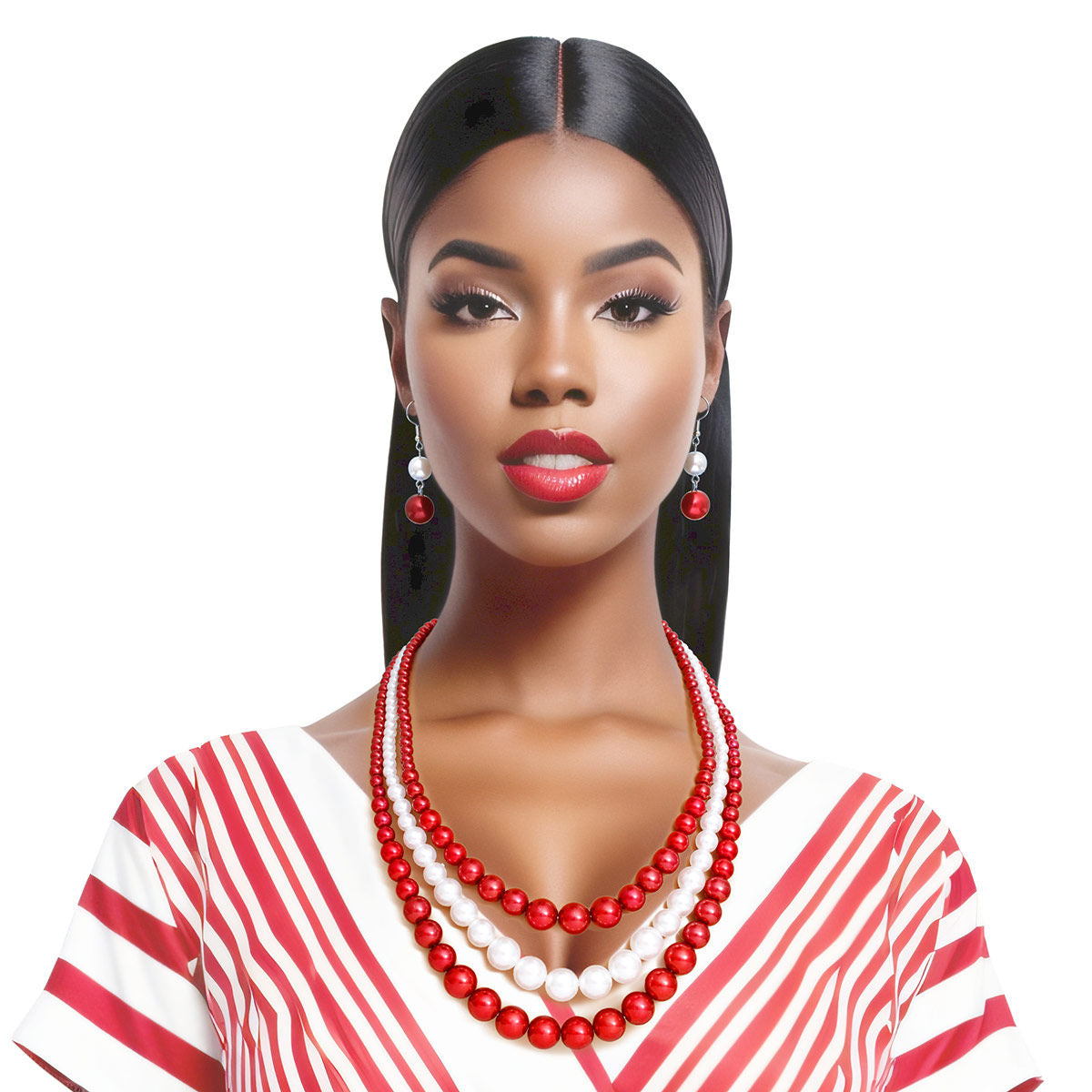 Pearl Necklace Red White 3 Strand for Women