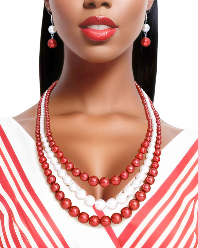 Pearl Necklace Red White 3 Strand for Women
