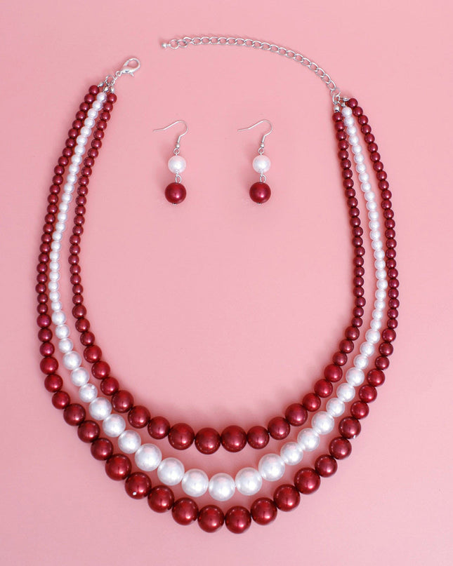 Pearl Necklace Red White 3 Strand for Women