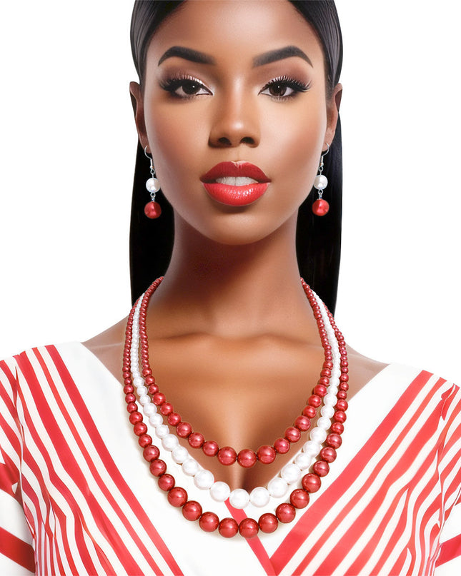 Pearl Necklace Red White 3 Strand for Women