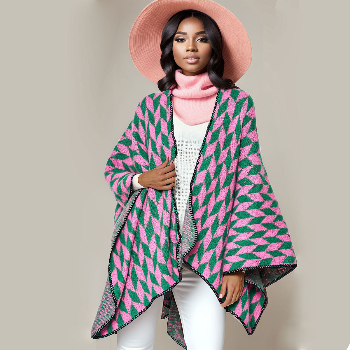 Kimono Cardigan Poly Pink Green Geo Knit for Women